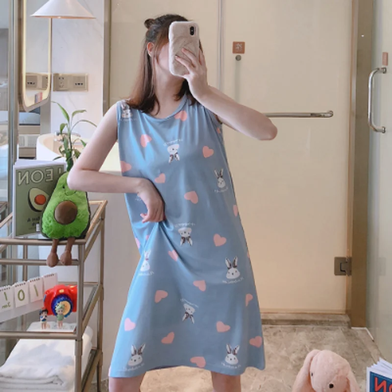 Korejski Ženske Nightdress Risanka Natisnjeni Telovnik Spalna Krilo Poletje Brez Rokavov Big Dekleta Nightgowns Študentov Tanke Sleepwear