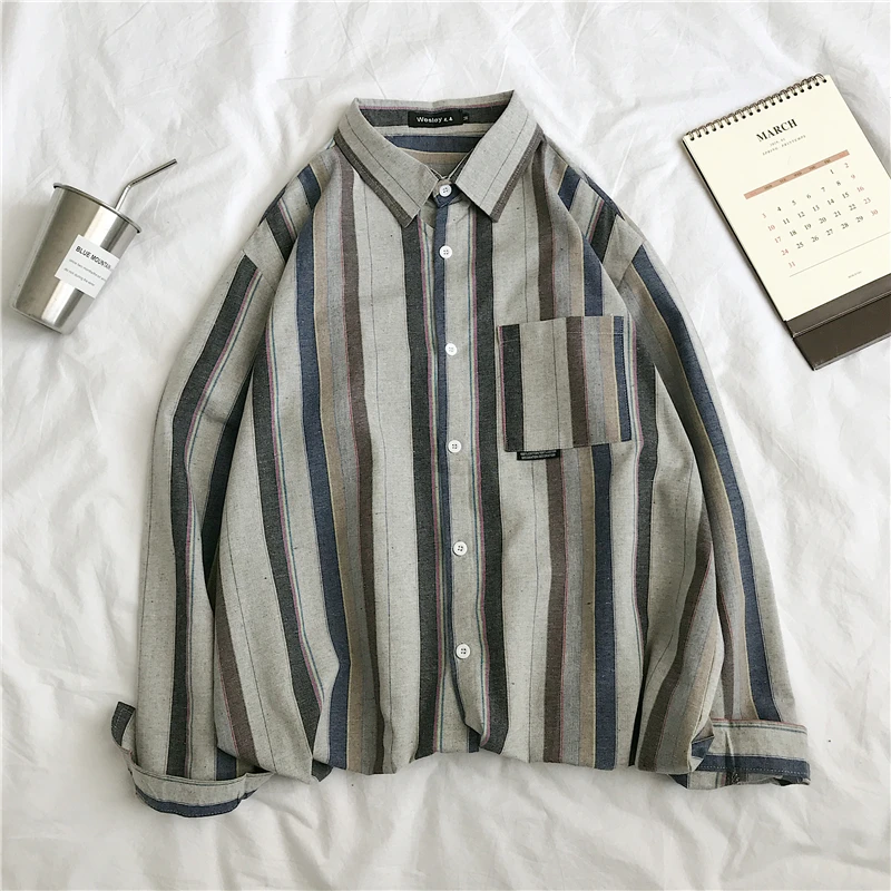 Japonski Harajuku Srajce Letnik Priložnostne Svoboden Oversize Long Sleeve Striped Moda Majice Ropa Hombre moška Oblačila DB60SH