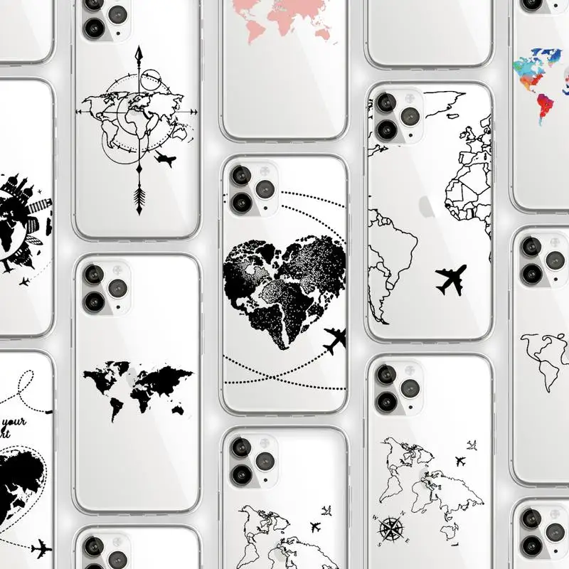 Svetovni zemljevid travl letalo vzorec Telefon Primeru Pregleden mehko Za iphone 5 5s 5c se 6 6s 7 8 11 12 plus mini x xs xr pro max