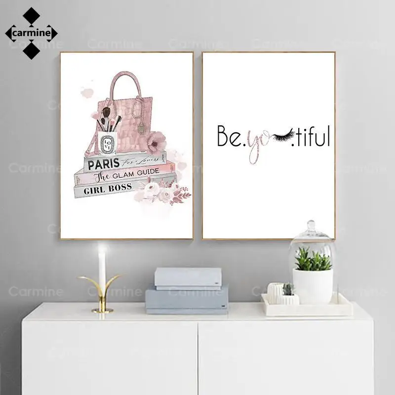 Razkošje V Visokih Petah Vrečko Platno Slikarstvo Modi Ličila Wall Art Pink Plakat Salon Lepote Dekleta Soba Dekoracijo Ustvarjalno Tiskanje
