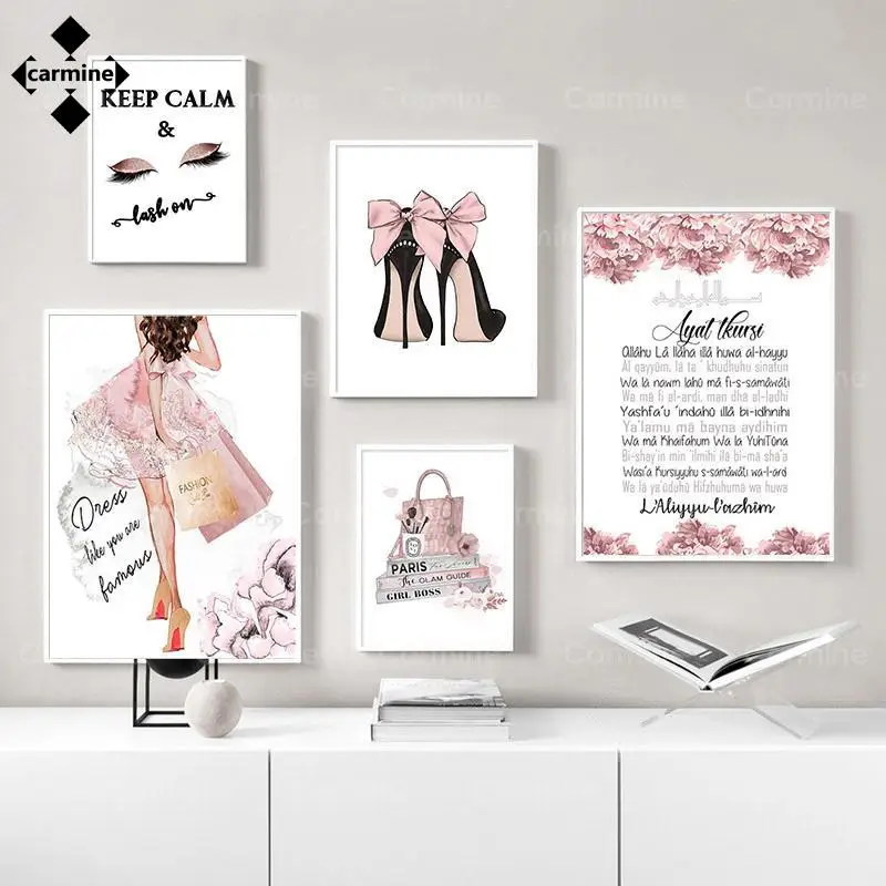 Razkošje V Visokih Petah Vrečko Platno Slikarstvo Modi Ličila Wall Art Pink Plakat Salon Lepote Dekleta Soba Dekoracijo Ustvarjalno Tiskanje
