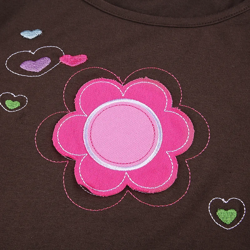 Vintage TEE Y2K Estetike Mozaik Cvetlični Vzorec, T-majice letu 2000 Fashin Vezenje Srce Roza Dolg Rokav Crop Tops E-dekle Tee