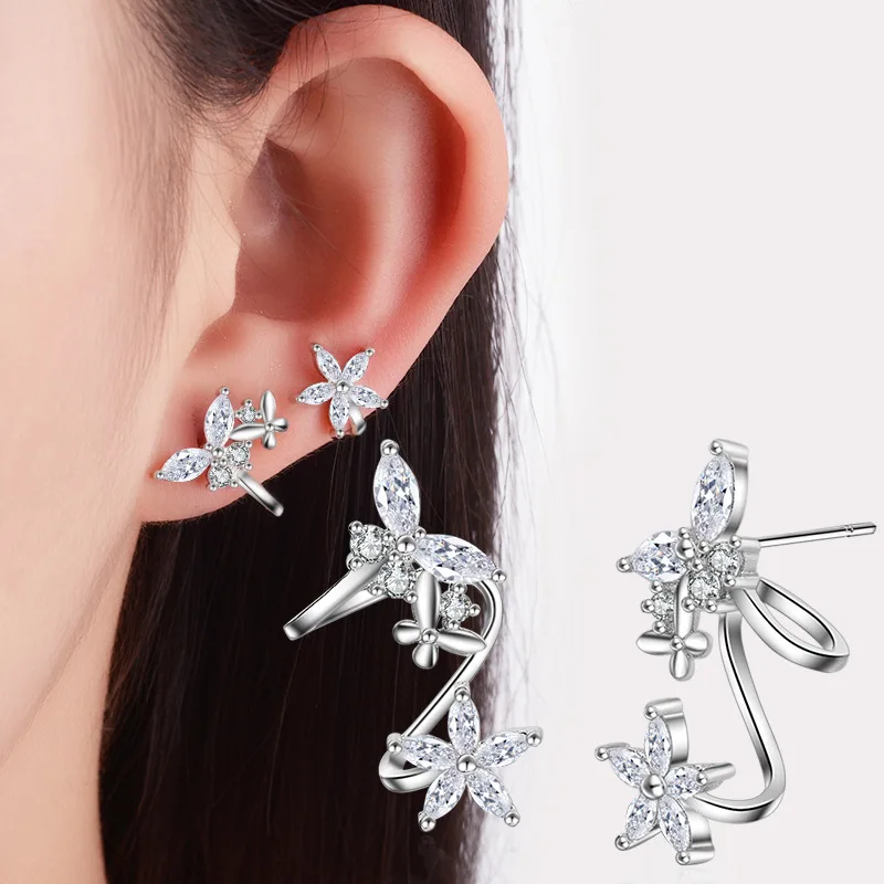 Korejski Moda 925 Sterling Silver Star Cvet Cirkonij Posnetek Uhan Za Ženske Božič Nakit Brincos Pendientes Stranka Darilo