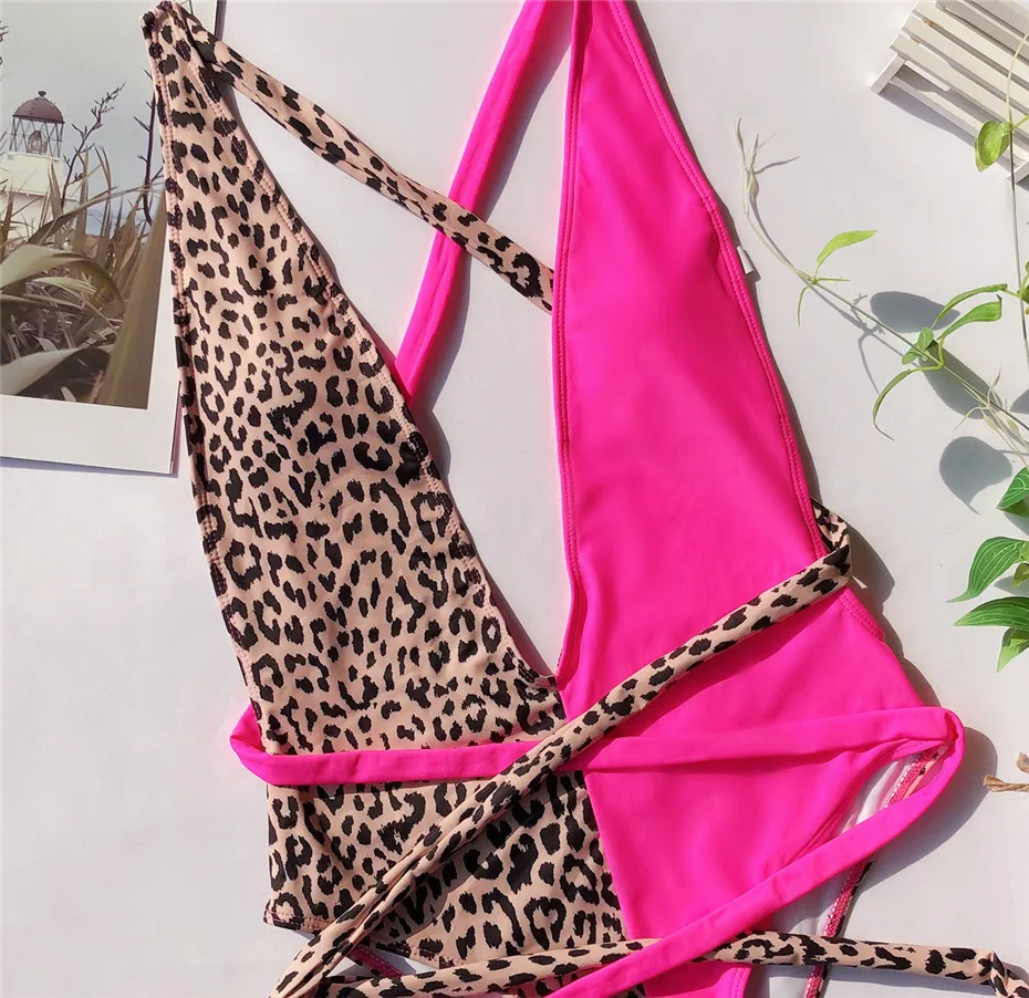 KUKAKEY 2020 mujer Leopard Tiskanja in Rose Trdna Mozaik Bikini Komplet Kopalk Seksi Kopalke Ženske Povoj Backless kopalke