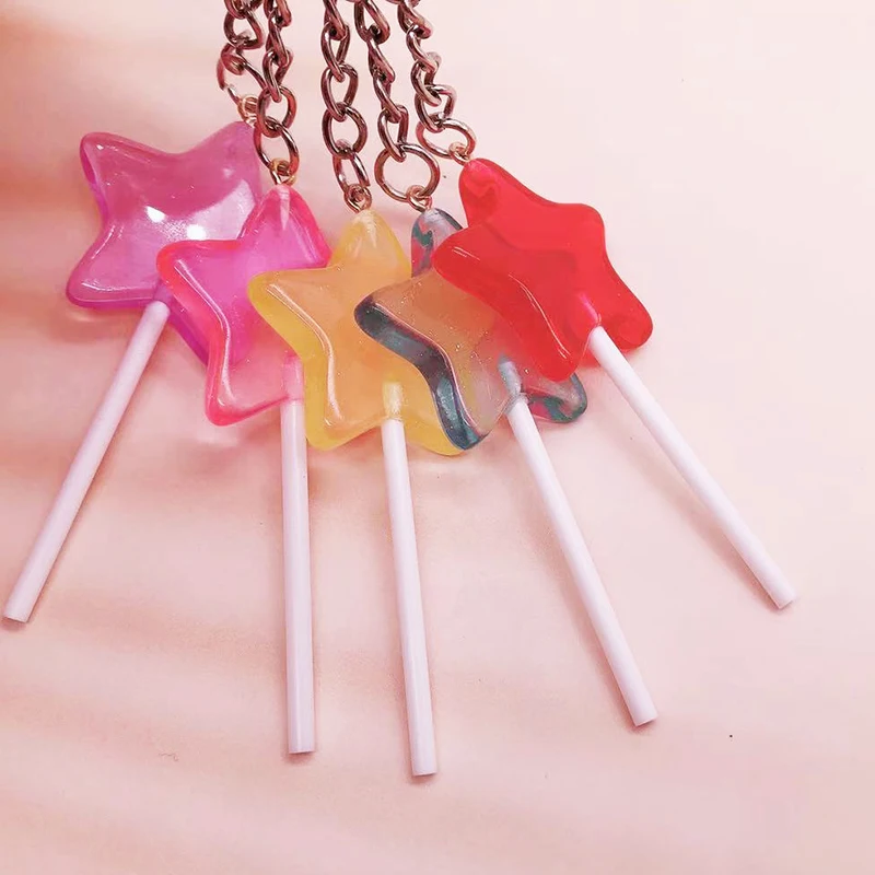 Korejski Sveže Prosojni Barvi Štapiću Keychain Ženske, Otroci Čare Star Lollipop Flatback Smolo Obesek za obesek za ključe, DIY Dodatki