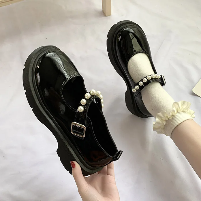 Študent Čevlji Japonski Slog Gleženj Trak Krog Toe Visokih Petah Platformo Usnjeni Čevlji Ljubka Lolita JK Dekleta Mary Jane Čevlje