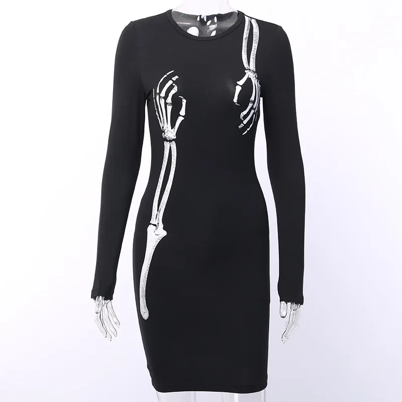 Črna Punk Ženska Mini Tesno Obleko 2020 Lady Goth Kosti Lobanje Tiskanja Imperij Kul Elegancija Poln Rokav Gothic Osnovne Suh Obleke