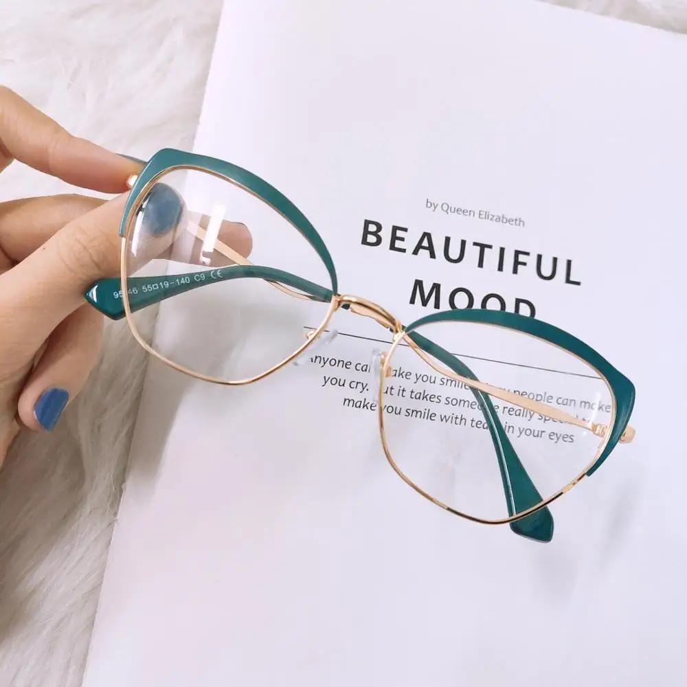 LNFCXI Cat Eye Glasses Ženske Kovinski Ravno Ogledalo Ženske Optični Jasno Objektiv Edinstveno Noge Retro Očala Okvir za Lady Kratkovidnost Oculos