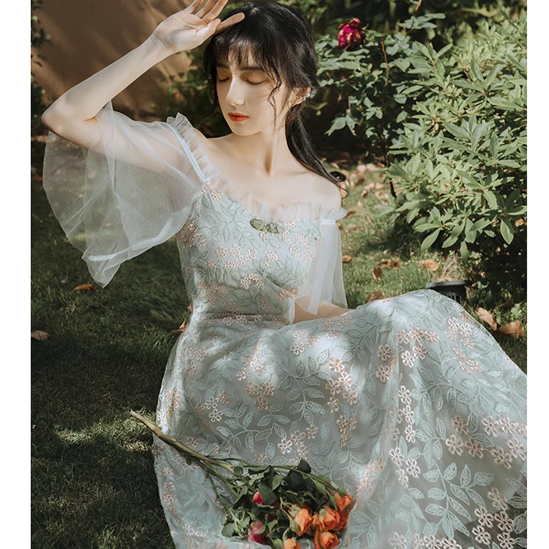 Poletni Cvetlični Obleka Ženske Elegantne Retro Vintage Vezenje Pravljice Obleko Priložnostne Slim Fit Vezene Čipke Korejski Sladko Obleka Ženske