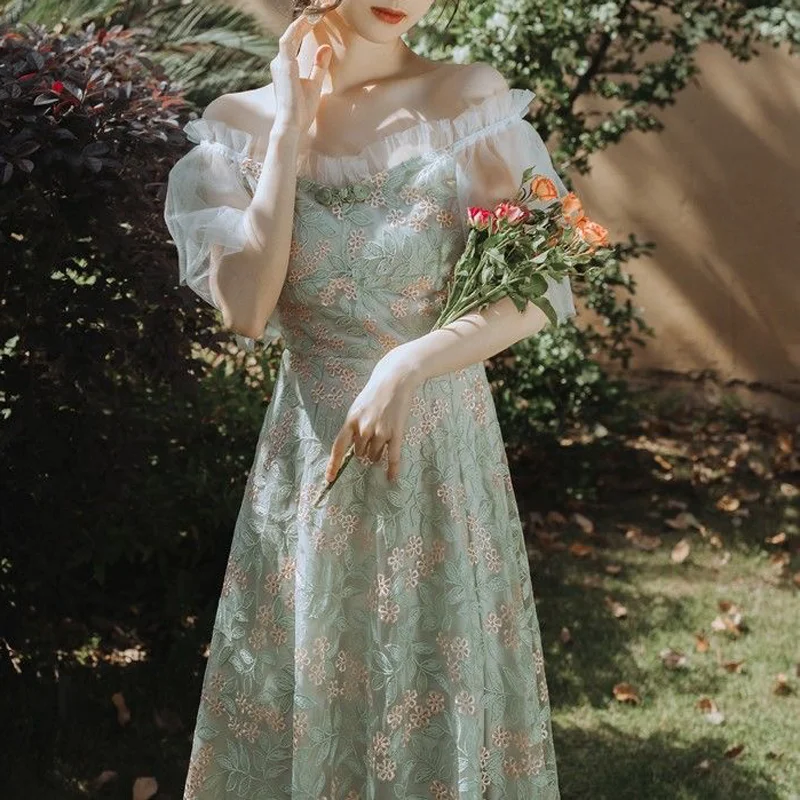 Poletni Cvetlični Obleka Ženske Elegantne Retro Vintage Vezenje Pravljice Obleko Priložnostne Slim Fit Vezene Čipke Korejski Sladko Obleka Ženske