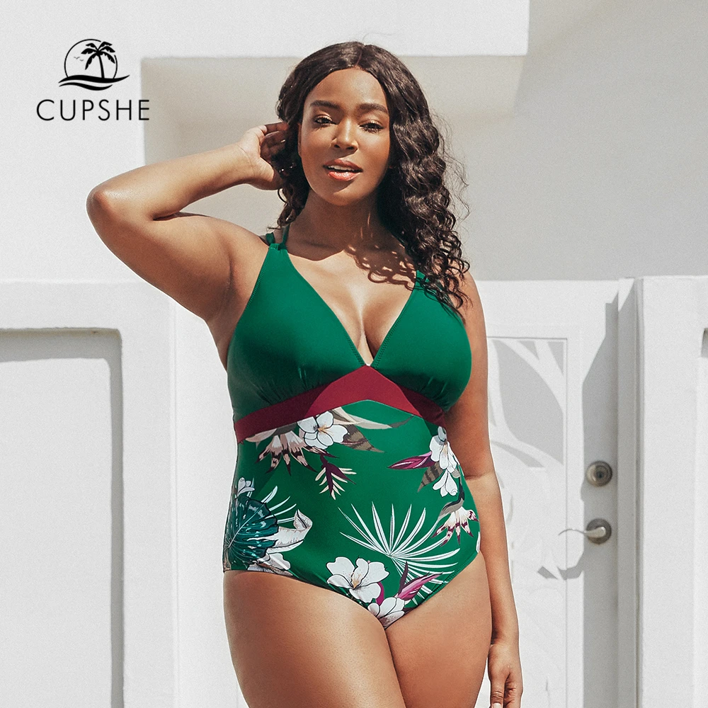 CUPSHE Plus Velikost Zeleno Cvetno Proti-Vrat En Kos Kopalke Za Ženske Velikosti Monokini kopalke 2021 Dekle na Plaži Kopalke