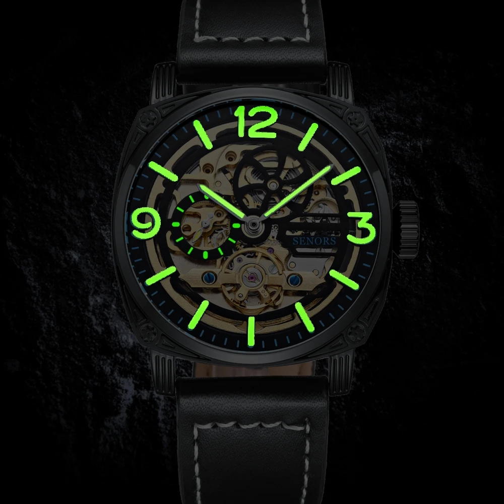 Samodejni 3d Design Graviranje Votlega Črno Zlato Primeru Usnje Okostje Mehanske Ure Moških Luksuzne blagovne Znamke Heren Horloge