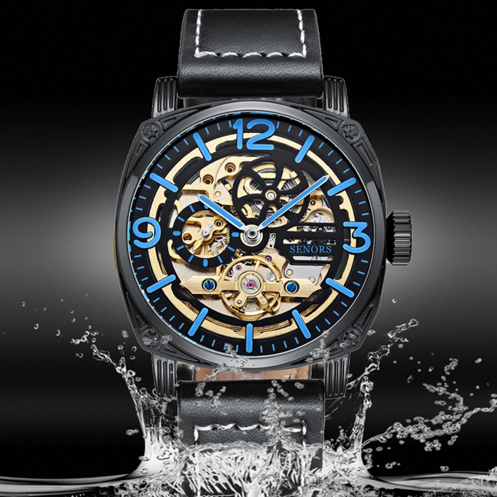 Samodejni 3d Design Graviranje Votlega Črno Zlato Primeru Usnje Okostje Mehanske Ure Moških Luksuzne blagovne Znamke Heren Horloge