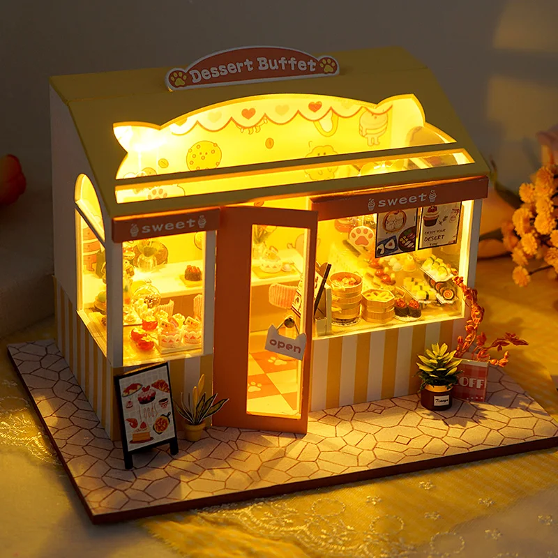 DIY Lesene Lutke Sestavljeni Suši Sladica Trgovina Miniaturni s Pohištvom Lutka Hiša Casa Igrače za Otroke, Odrasle Darila