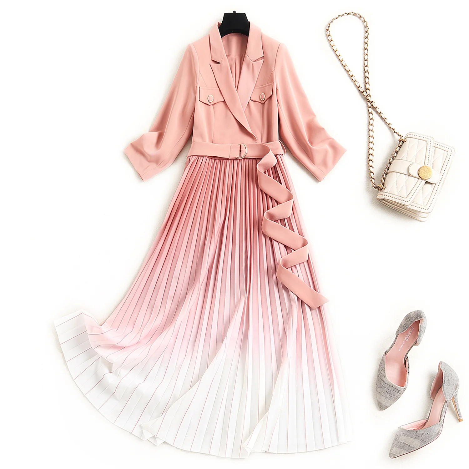 Ženske modne poletnih oblačil jopič obleko zarezo ovratnik 2021 oblikovalec mozaik sashes elegantno gradient naguban obleke