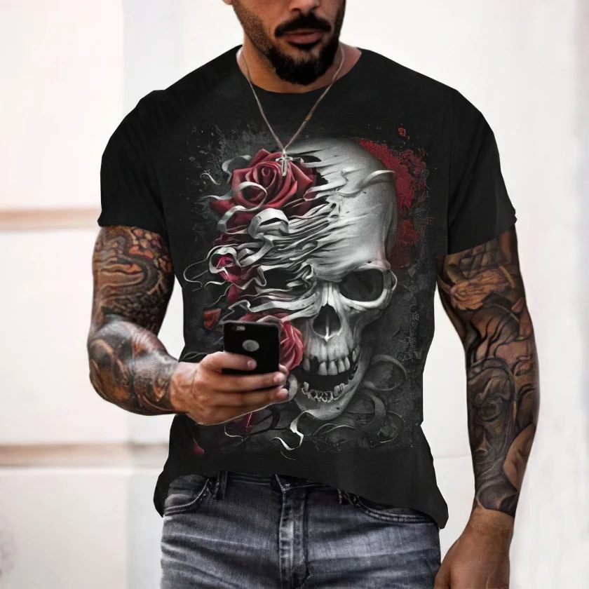 Poletje novo lobanje element slog krog vratu T-shirt Moda za Moške 3D Tiskanje Priložnostne Kratek Rokav Harajuku tee shirt vrhovi