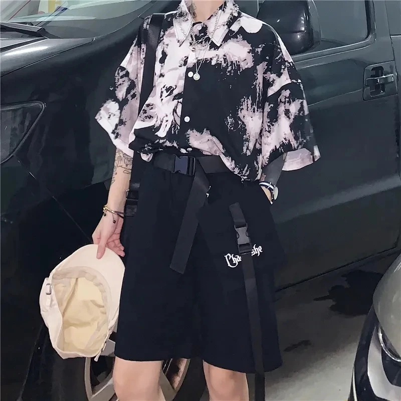 Harajuku Punk Gothic Črno Bluzo Vrh Nove Ženske Tie Dye Korejski Oversize Srajce Letnik Svoboden Priložnostne Ulične Oblačila 2021