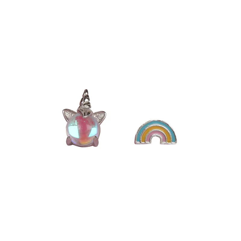 S925 Sterling Srebro Rainbow Unicorn Srca Uhani Za Ženske Asimetrične Moonstone Stud Uhani Dekle Srce