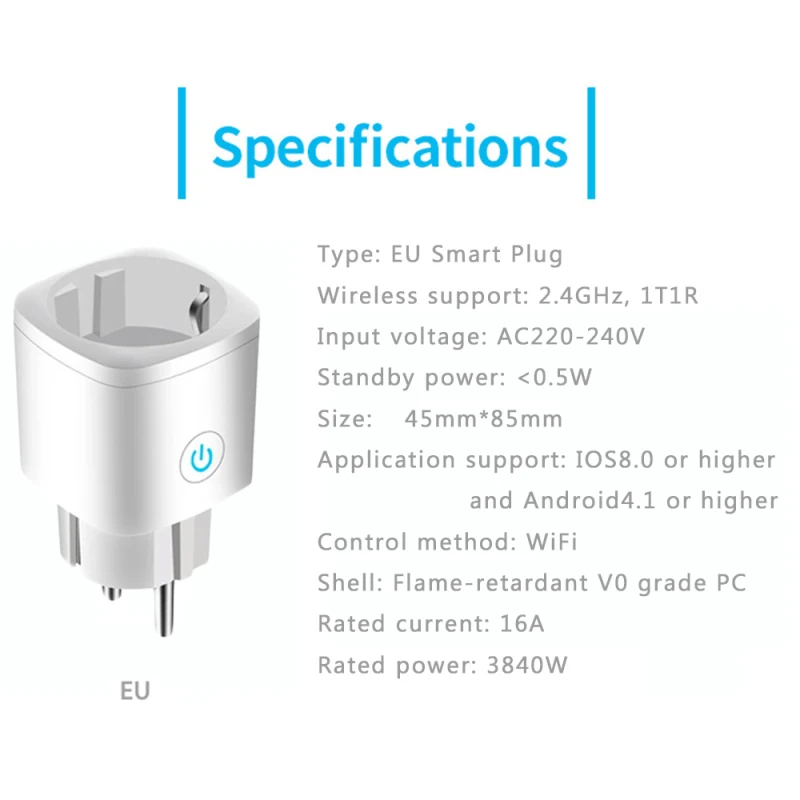 16A Smart Vtič v Vtičnico EU Adapter Wifi Brezžično električno Vtičnico Monitor Timing Funkcijo Smart Home APP Nadzor Alexa googlova Domača stran