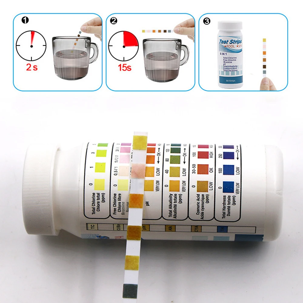 50pcs Večfunkcijsko 6-V-1 Bazen PH Testnih Lističev Papirja Rezidualni Klor, PH Vrednost Bazičnost Trdoto Testni Trak PH Test