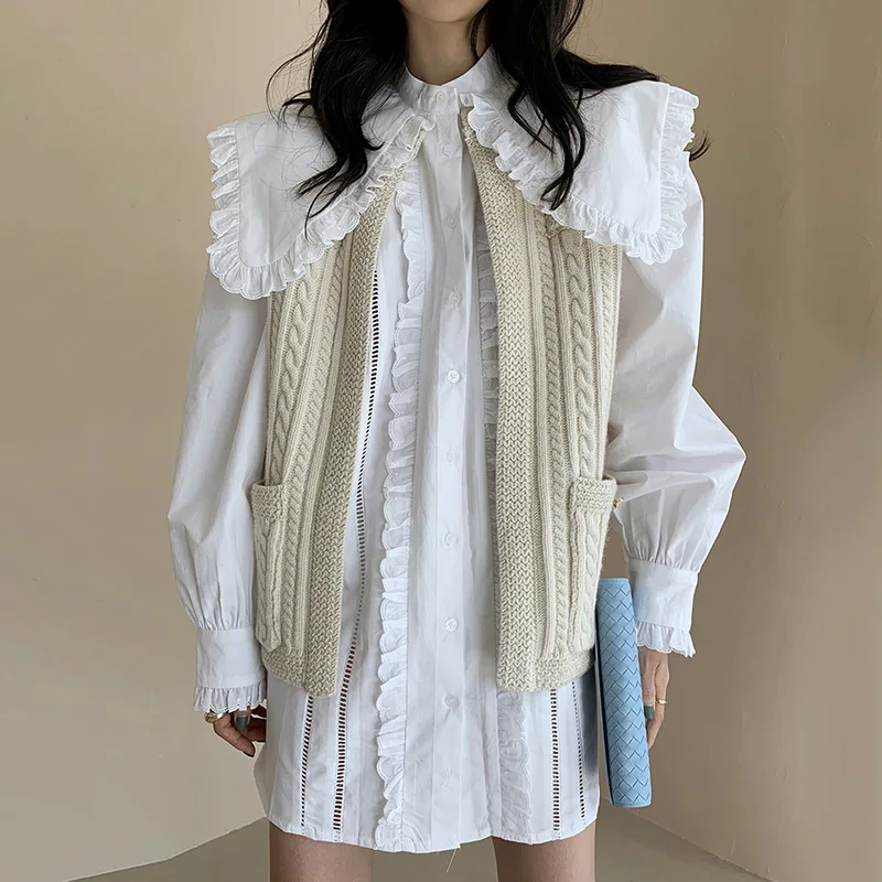 Ženske nosijo korejski elegantna vsestranski velike river čipke stitched Shirt Obleko + twist žep pletene telovnik