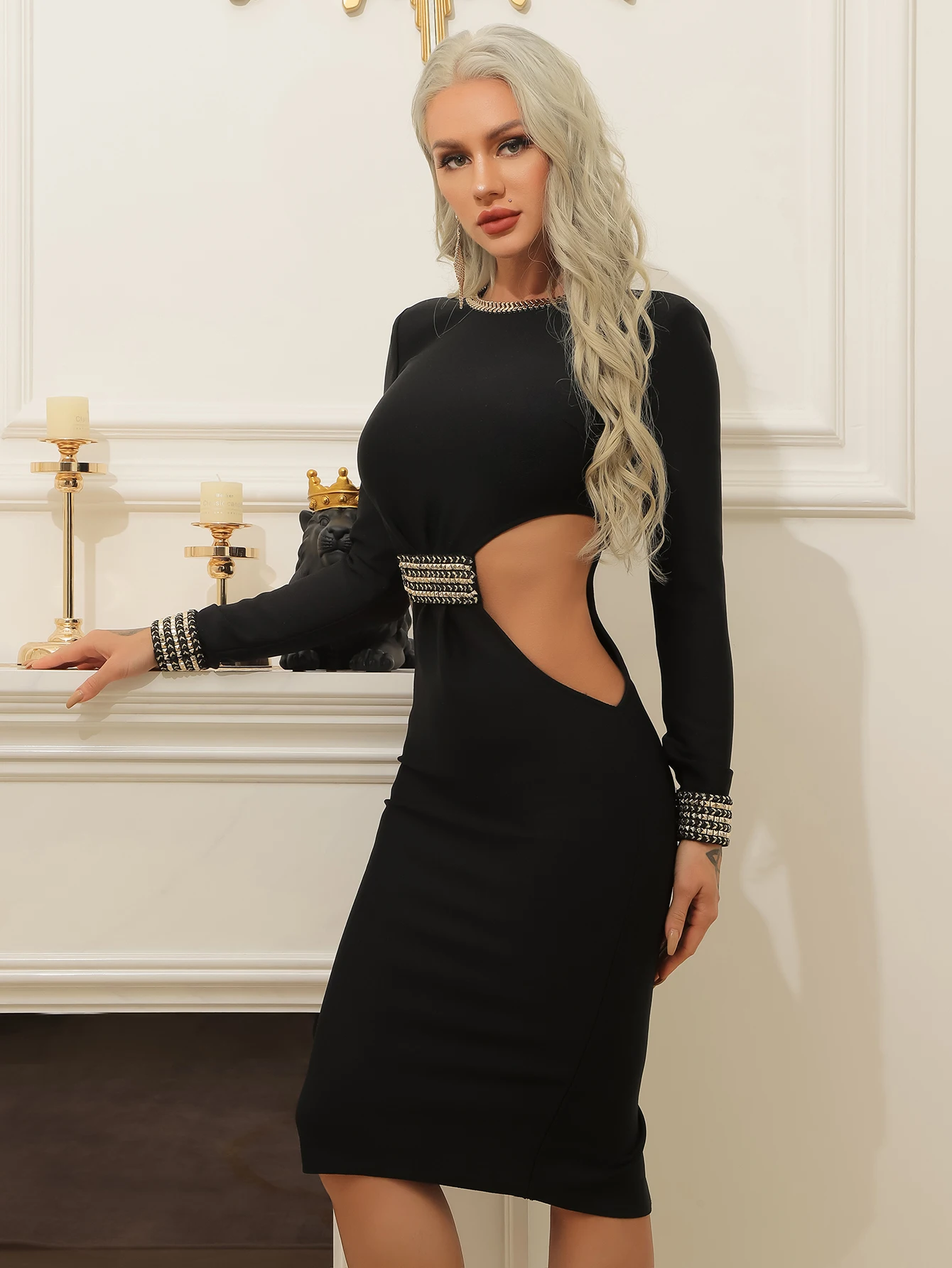 Luksuzni Ženske Zimske Seksi Dolg Rokav Beading Black Povoj Obleko 2021 Slavni Modni Oblikovalec Večer Stranka Obleko