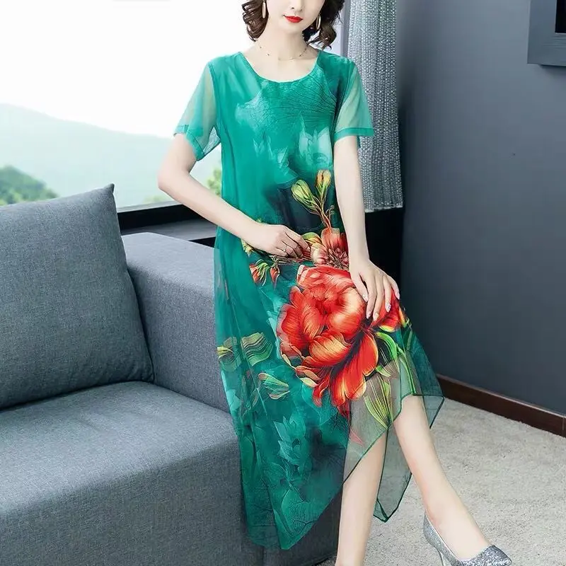 2021 Nove Ženske Poletje Umetno Svilo Kitajski Slog Obleko Elegantno Cvjetnim Tiskanja Plus Velikost Ženske Obleke Sundress Letnik Vestidos Q129