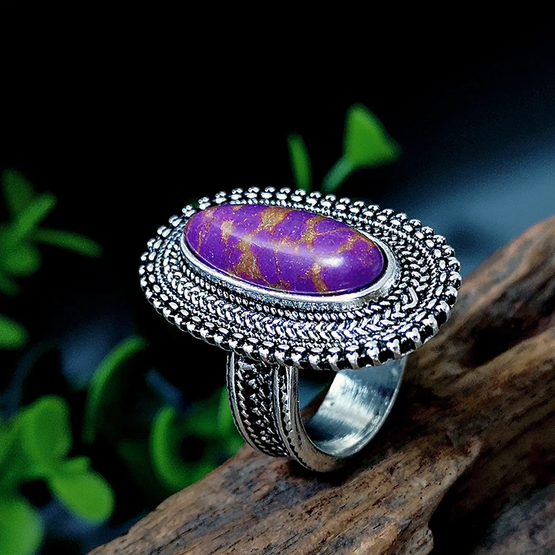 Retro Velike Ovalne Vijolično Zmaj Crystal Ring 925 Tajski Srebro Ametist Čipke Pretirana Prst Obroči za Ženske, Dekleta Stranka Nakit