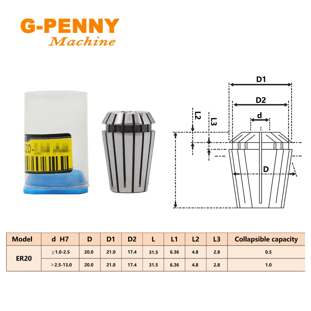 G-PENNY Pralni 1 Komplet Collet ER20 Natančnost 0.015 Collet 1-13mm,1/2,1/4,1/8 mm Collet za CNC Rezkanje orodje, stružnica in vretena