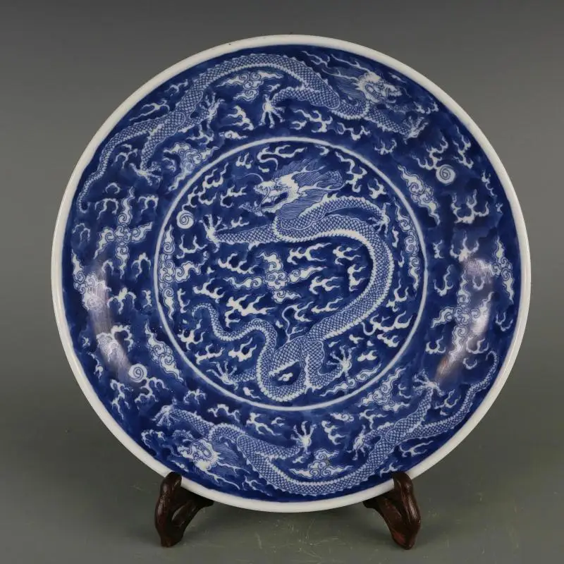 Jingdezhen Starinsko Keramično Ploščo, Modri In Beli Zmaj Ploščo Kangxi od Qing Znamke Leta