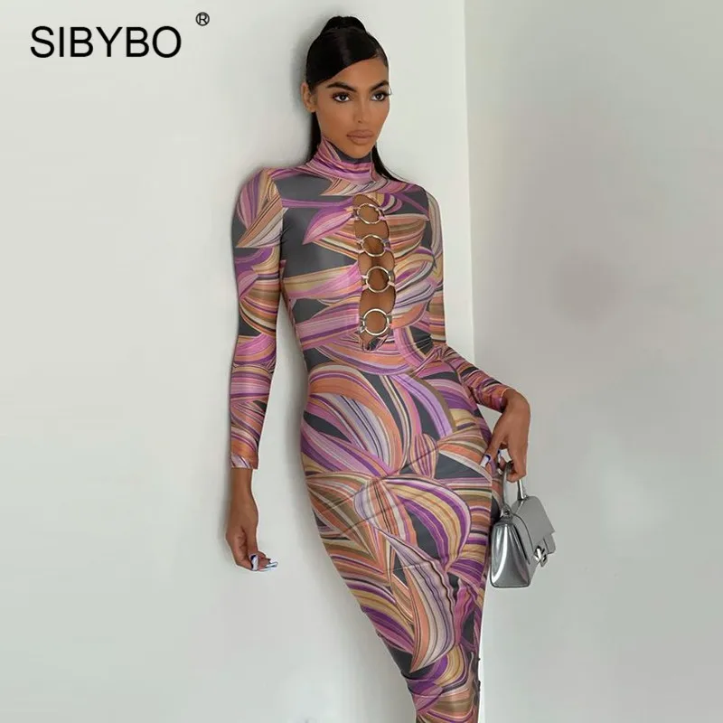 Sibybo Seksi Natisnjeni Dolga Obleka Ženske Turtleneck Poln Rokav Bodycon Poletje Obleko 2021 Femme Votlih Iz Stranke, Slim Maxi Obleke