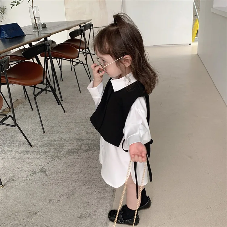 2021 Moda Korejski Svoboden Deklice Dolg Rokav Srajco Dva Kosa Iz Bluzo Lepe Bele Dolgo Vrhovi Jeseni Otroci Kopalke