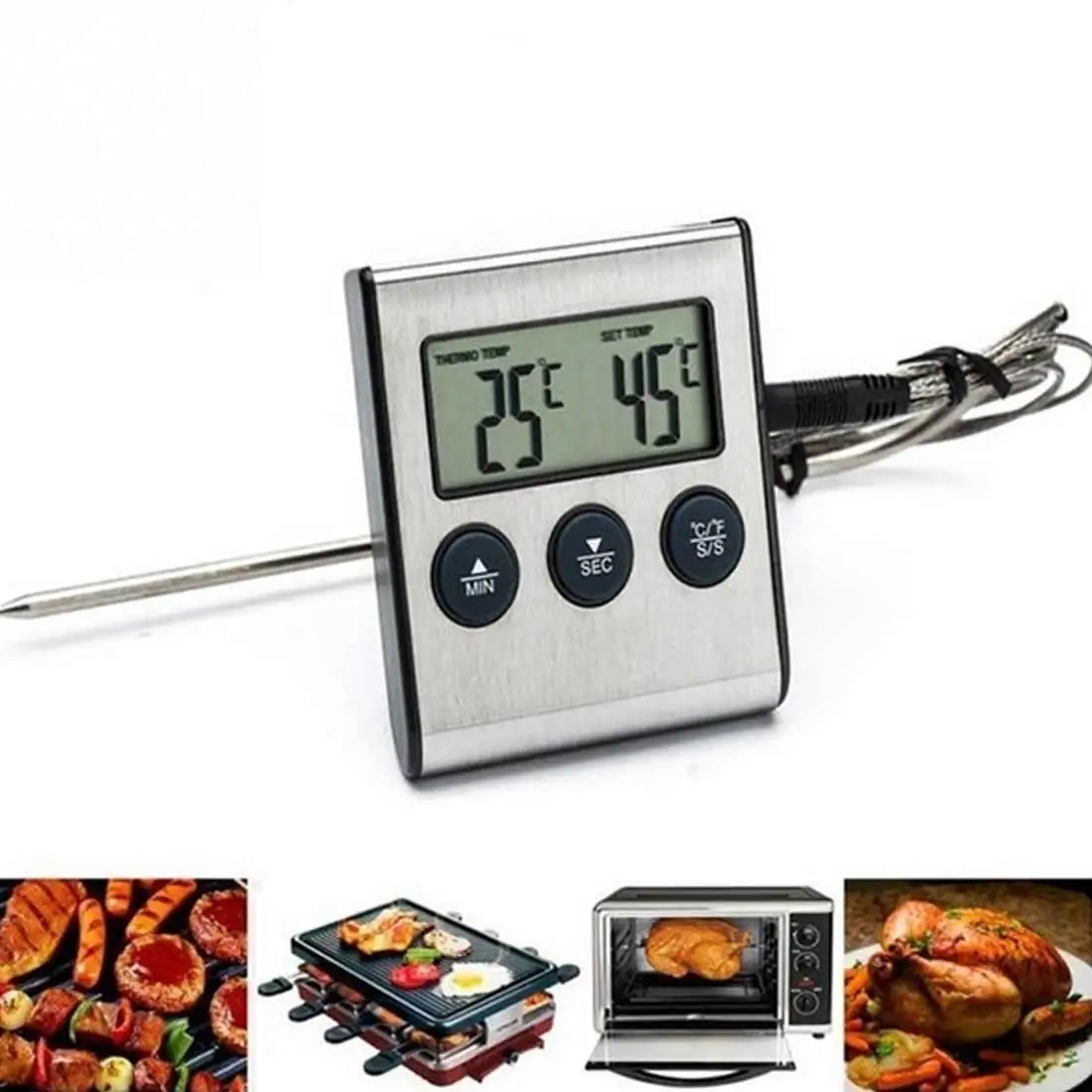 1Pc Digitalni Kuhinjski Termometer Mesnimi BBQ Kuhanje Pečica Temperature Merilnik za Žar Timer Funkcija s Sondo iz Nerjavečega Jekla