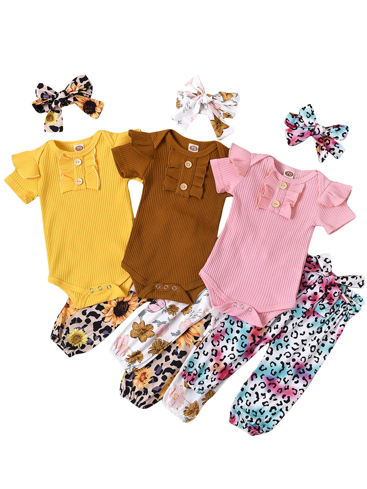 3-24M Baby Dekleta 3Pcs Obleke Obleke, Modni Kratek Sleeve Solid Color Ruffle Romper Vrhovi Cvjetnim Natisne Dolge Hlače Glavo Določa