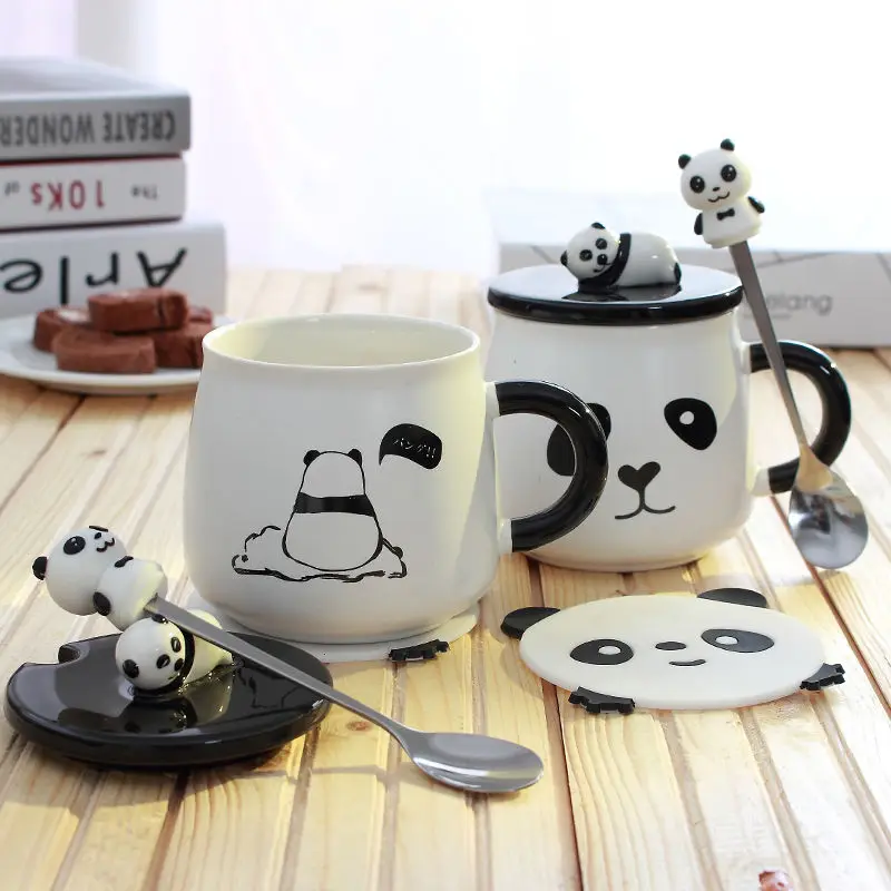 Panda skodelico kave zajtrk pokal velike kapacitete vode, skodelico mleka pokal ustvarjalne risanka keramične skodelice skodelico kave s pokrovom in žličko