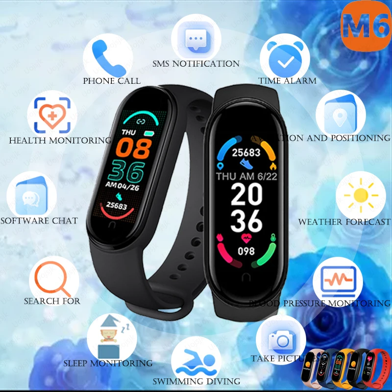 2021 M6 Pametno Gledati Moški Ženske Smartwatch Srčni utrip Kalorij Fitnes Sledenje Športna Zapestnica Za Apple Xiaomi Android Ure