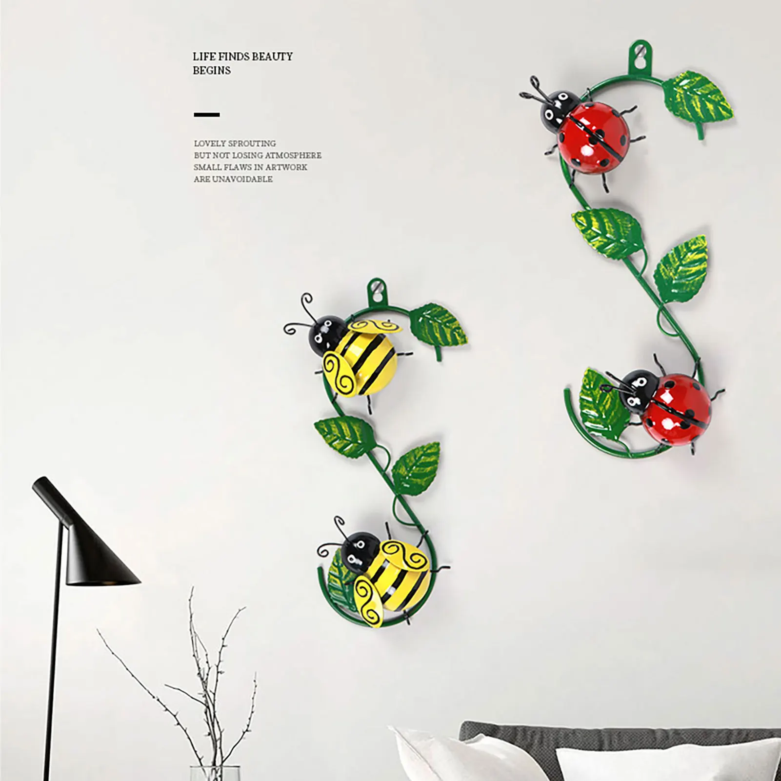 3D Kovinski Čebel In Ladybug Wall Decor Art Dekorativno Kiparstvo Z Zelenimi Listi Steni Visi Dekor