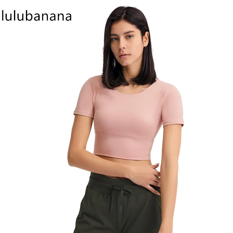 Lulubanana Ženske, Joga Majica Kratek Rokav Joga Vrhovi Activewear Križ Nazaj Uvježbavanje T-Shirt z Odstranljive Blazinice