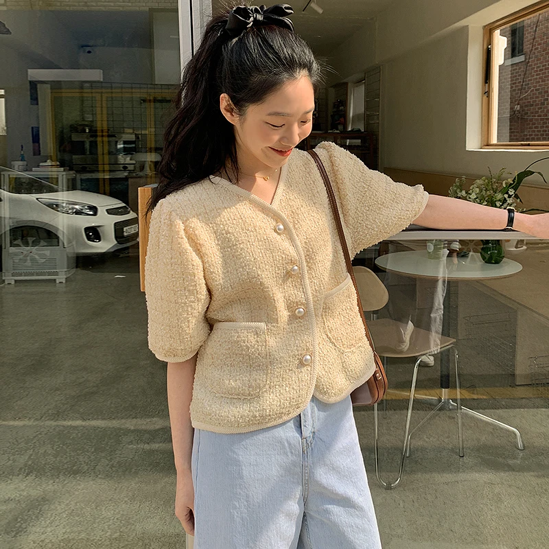 Ženske Jakne 2021 Poletje Korejski Elegantna Ženska Nežno Proti-Vrat Trim Pearl Gumb Dvojni Žep Moda Puff Sleeved Tweed Coats