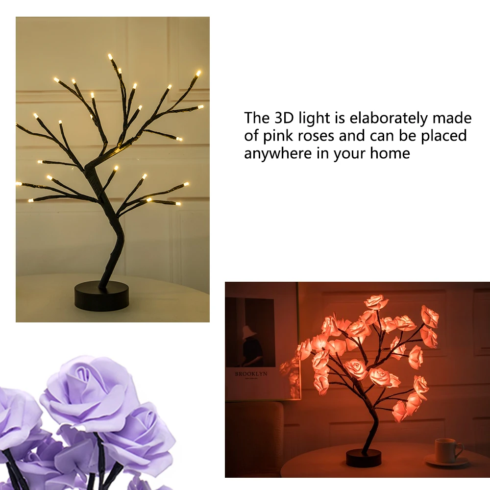LED namizne Svetilke Rose Cvet Drevo USB Nočne Luči Doma Dekoracijo LED Tabela Luči Stranke Božič Božič Poroko Spalnica Dekor
