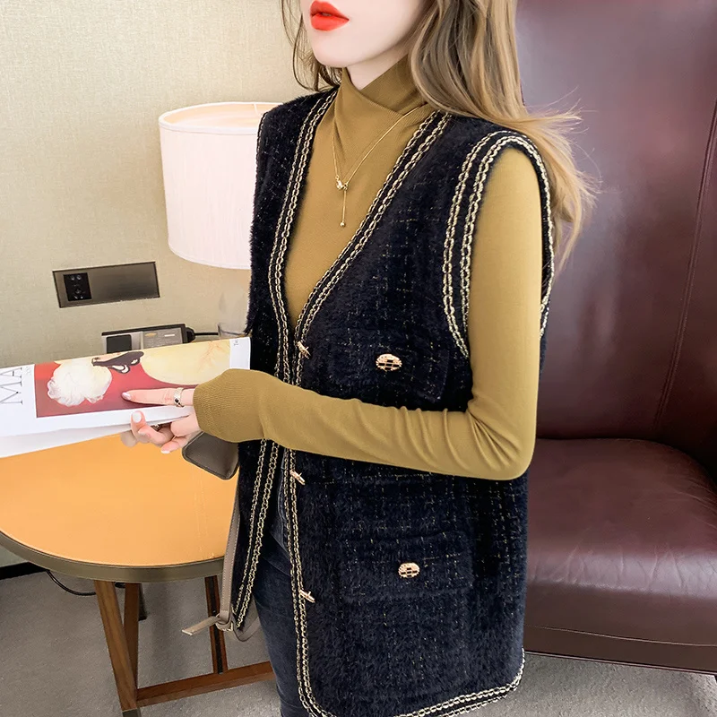 2021 Jeseni Majhen Dišave Imitacije Mink Lase Telovnik Francoskega Stila Vintage Tweed Outwear Beloprsi Singl Korejski Modna Jakna