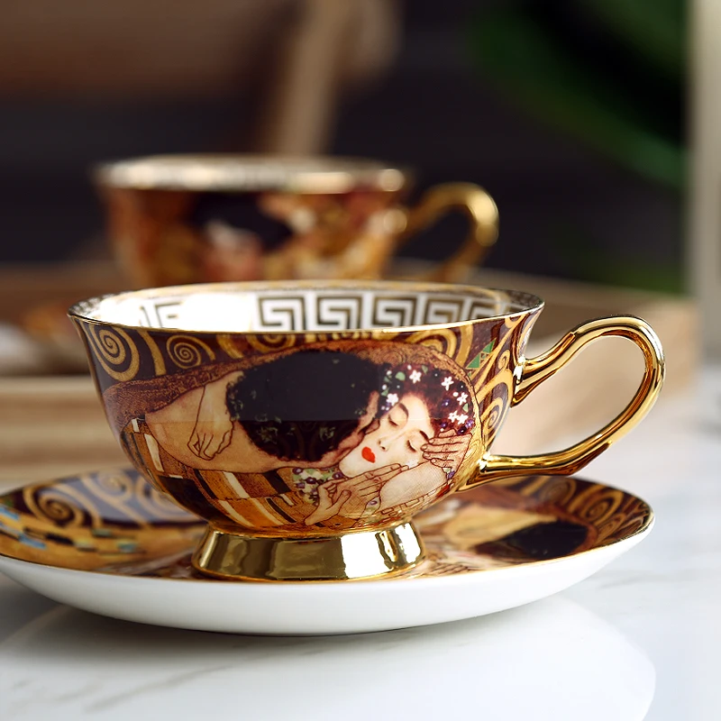 Skodelico kave Nastavite Gustav klimt, ki jih Kostnega porcelana Keramični Čaj nastavite klimt, ki jih Poljub Luksuznih Daril Porcelana Drinkware Čajne skodelice z Žlico