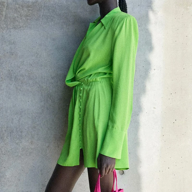 Za 2021 Jesenska Moda za Ženske, Zelena Majica Obleko z Dolgimi Rokavi Ramen Blazine Urad Dama Mini Obleka DWDD60607