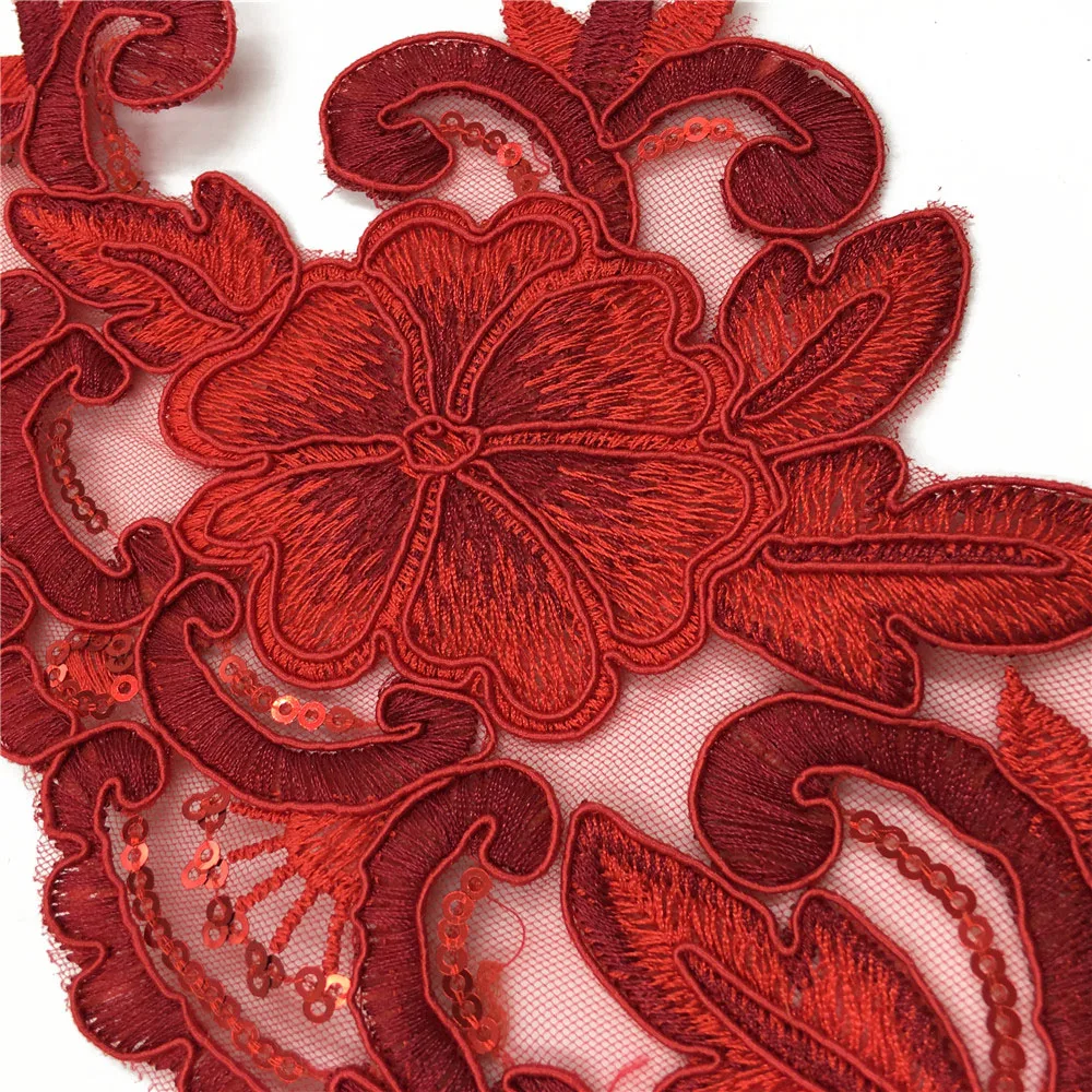 Fine Rdeče zlato bleščica cvet vezenje ponaredek izrez corsage dekoracijo čipke stitched srajco ovratnik izrez čipke aplicirano tkanine