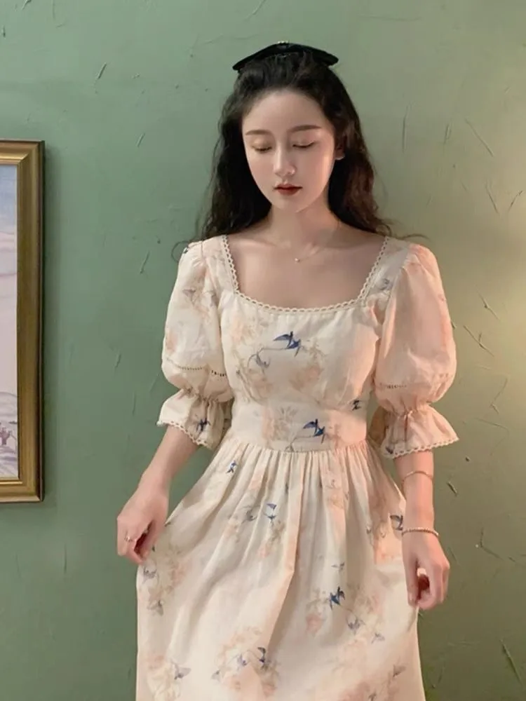 Vintage Retro Obleko Priložnostne Korejskem Slogu Čipke Šifon Poletje Stranka Obleko 2021 Ženske Elegantne Francoskem Slogu Cvjetnim Tiskanja Pravljice Obleko