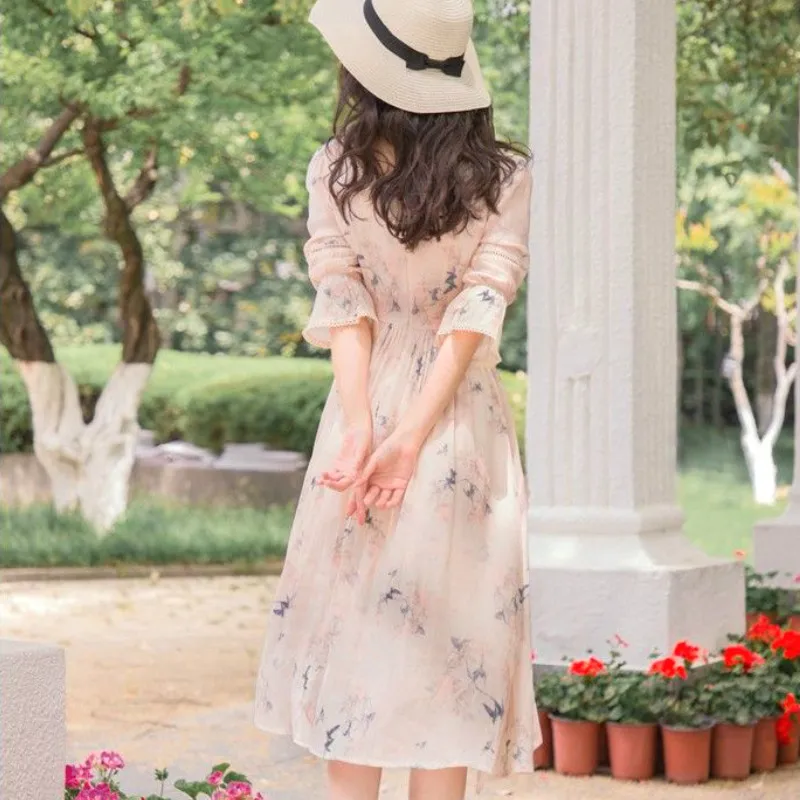 Vintage Retro Obleko Priložnostne Korejskem Slogu Čipke Šifon Poletje Stranka Obleko 2021 Ženske Elegantne Francoskem Slogu Cvjetnim Tiskanja Pravljice Obleko