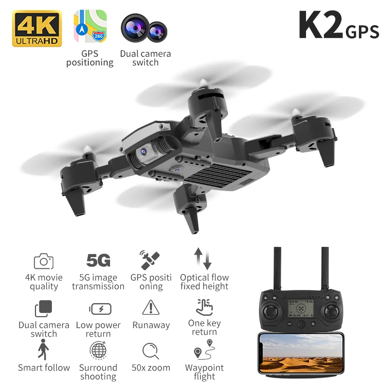 K2 GPS, WIFI RC Quadcopter 5G FPV GPS Brnenje Z širokokotni Dvojno 4K HD Kamera Zložljive Roko Brnenje Posneti Slike in vid. pos.