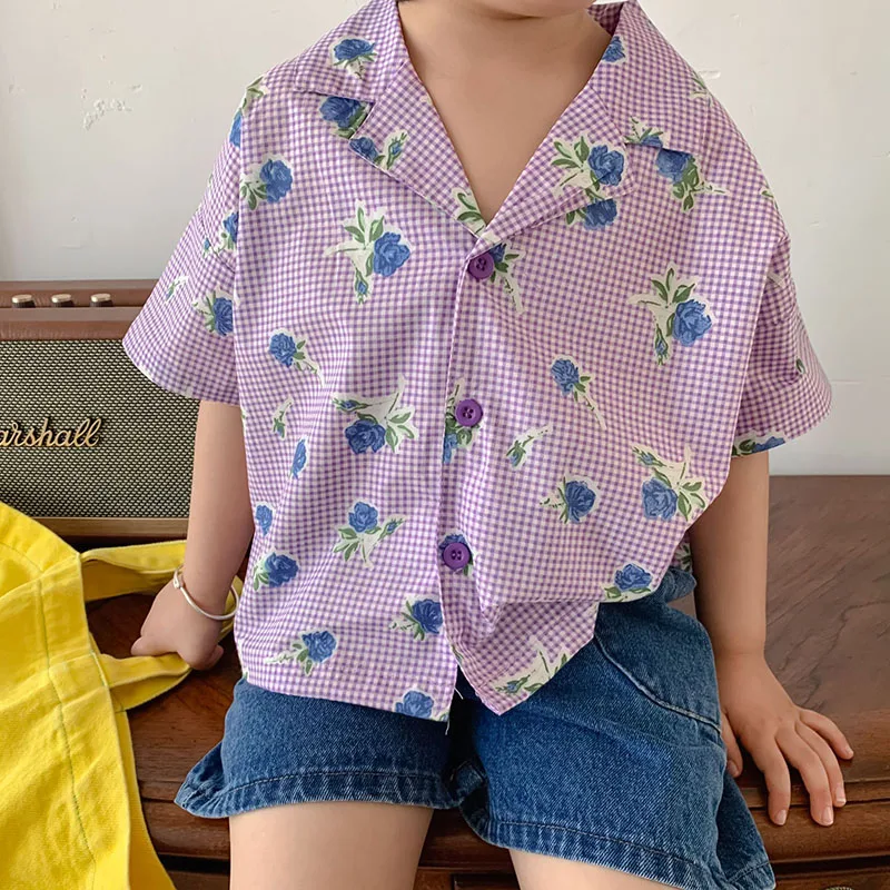 2021 Poletje Novih Otroci Majica Korejski Kratek Rokav Kariran O-Vratu Cvetlični Znižuj Ovratnik Obleke
