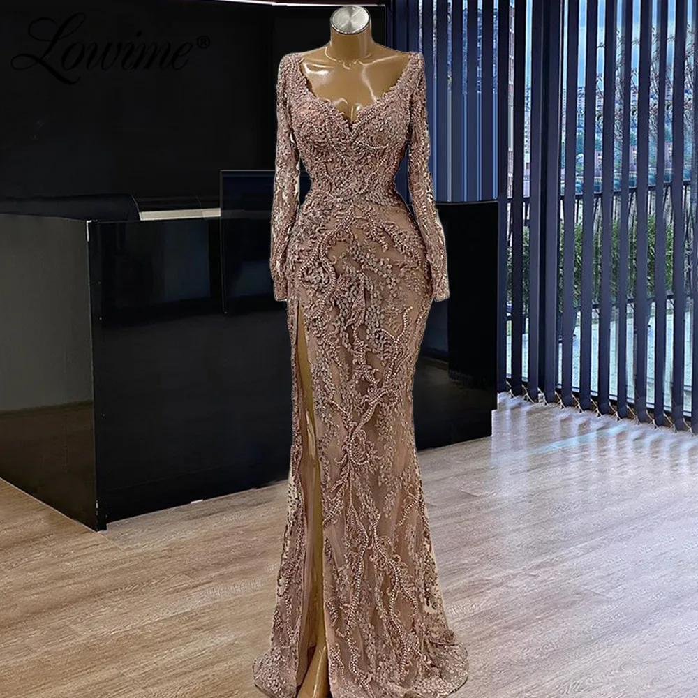 Lowime Beaded Čipke Večerne Obleke Vijolična V Vratu Iluzijo Stranka Obleke 2021 Meri Split Dubaj Arabski Plus Velikost Prom Obleke