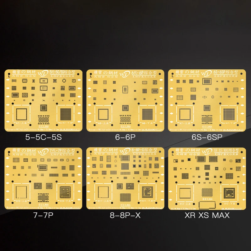 Zlato Jekla BGA Reballing Šablona Komplet za iPhone 12/11/11Pro/XS/XS MAX/XR/X/8P/8/7P/7/6S/6 CPU Čipu IC, Kositer Sajenje Spajkanje Neto